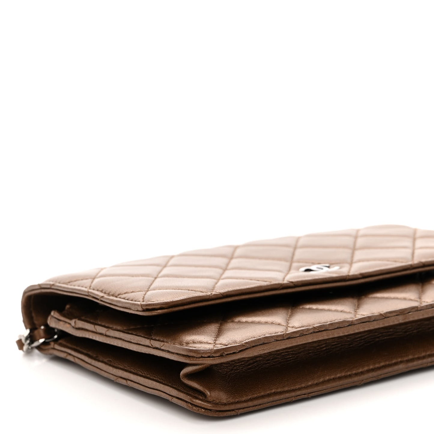 Metallic Lambskin Quilted Wallet On Chain WOC Bronze