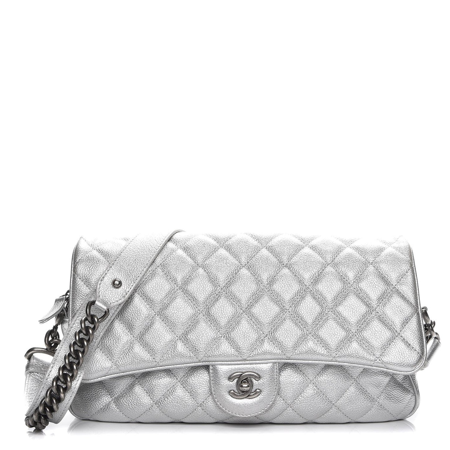 Metallic Calfskin Quilted Medium Casual Rock Flap Silver