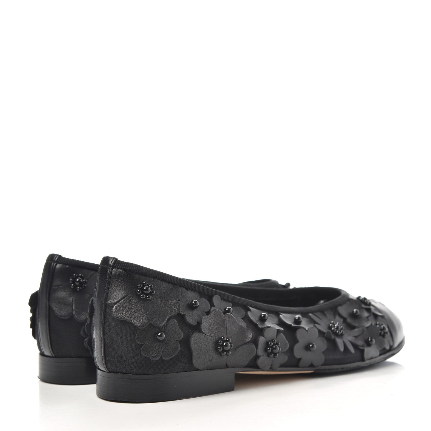 Canvas Lambskin Beaded Camellia Cap Toe Ballerina Flats 37 Black