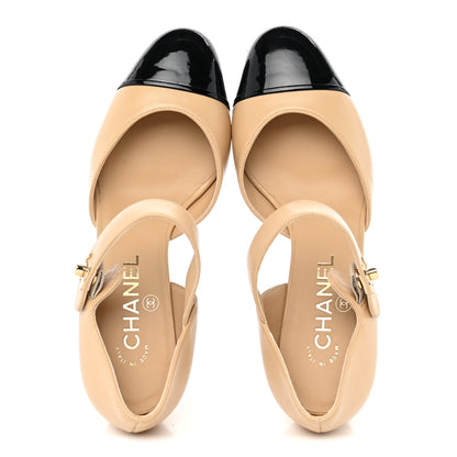 Chanel Lambskin Patent Cap Toe Mary Jane Wedge Pumps 37.5 Beige Black 2 of 10