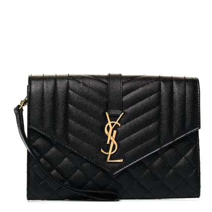 Saint Laurent Grain De Poudre Matelasse Chevron Monogram Envelope Clutch Black 1 of 7