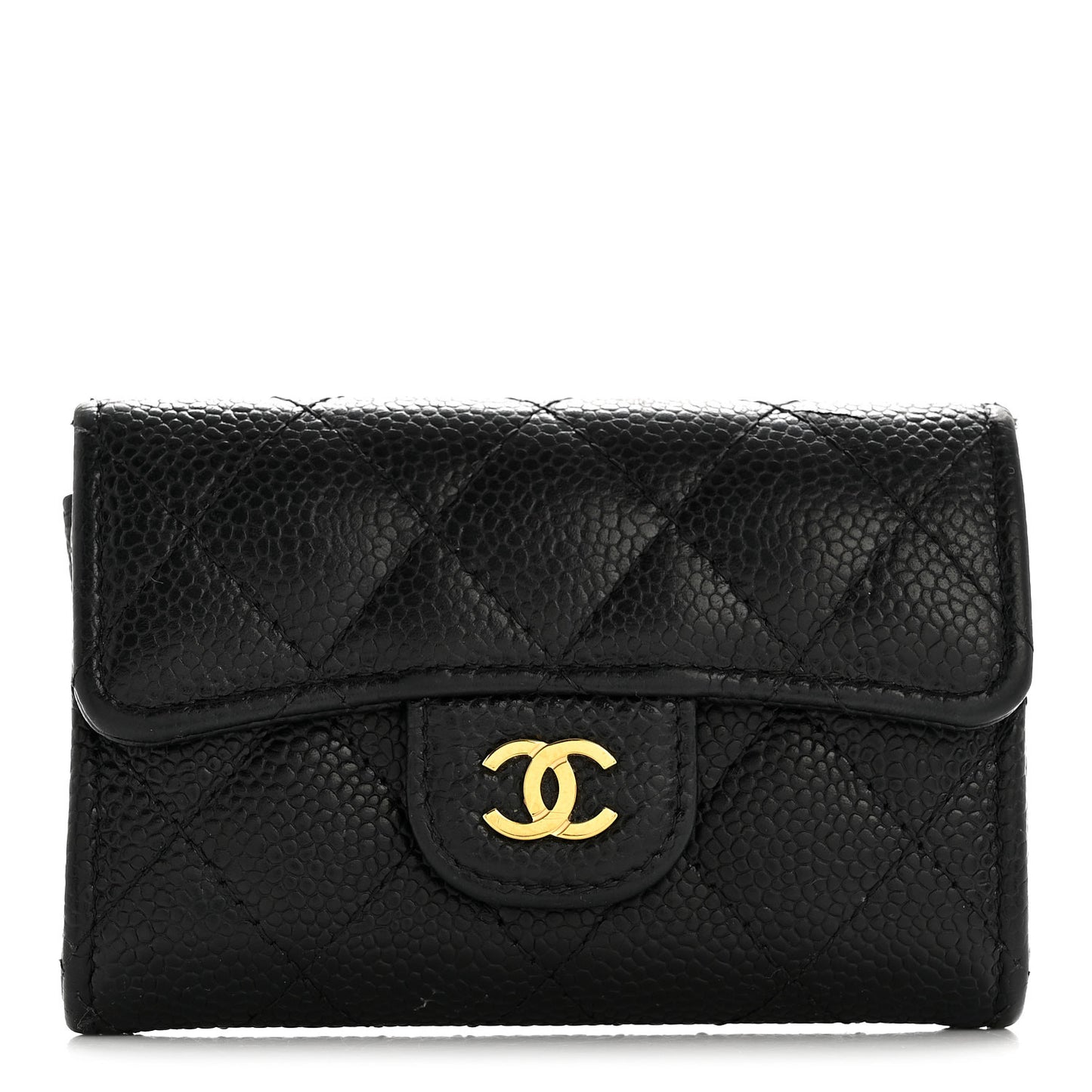 Caviar Quilted Flap Card Holder Wallet Black