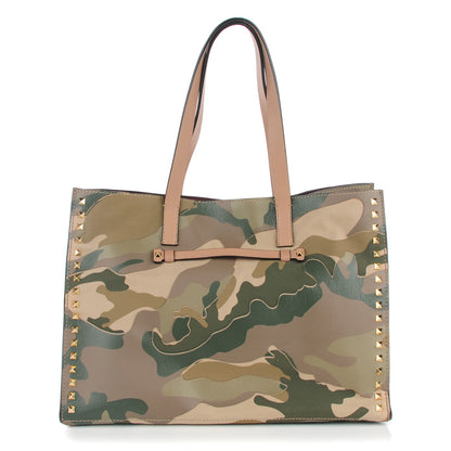 Valentino Garavani Nappa Canvas Camo Medium Rockstud Soft Tote Green 1 of 8