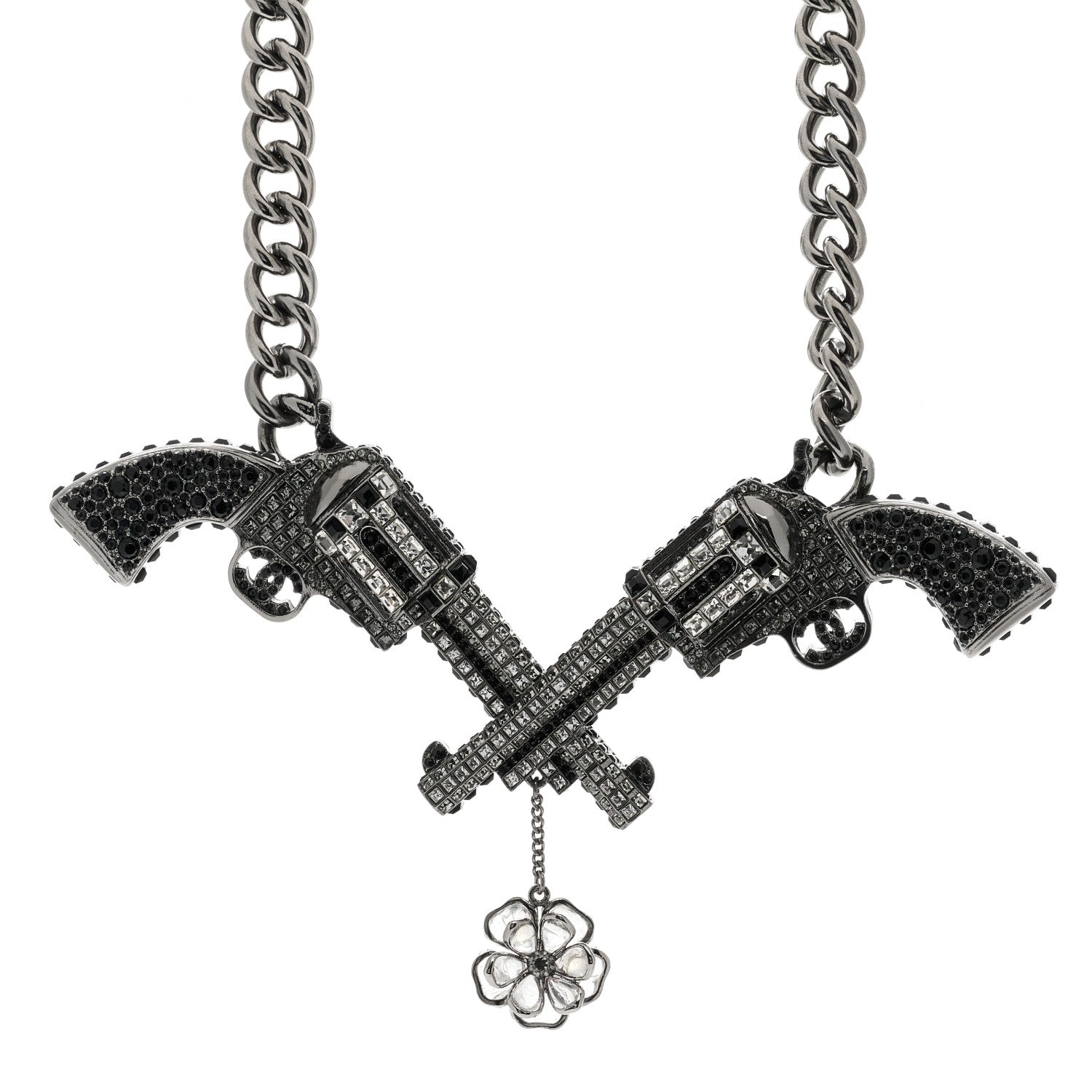 Chanel Baguette Crystal Ruthenium CC Paris Dallas Double Gun Drop Necklace 1 of 4