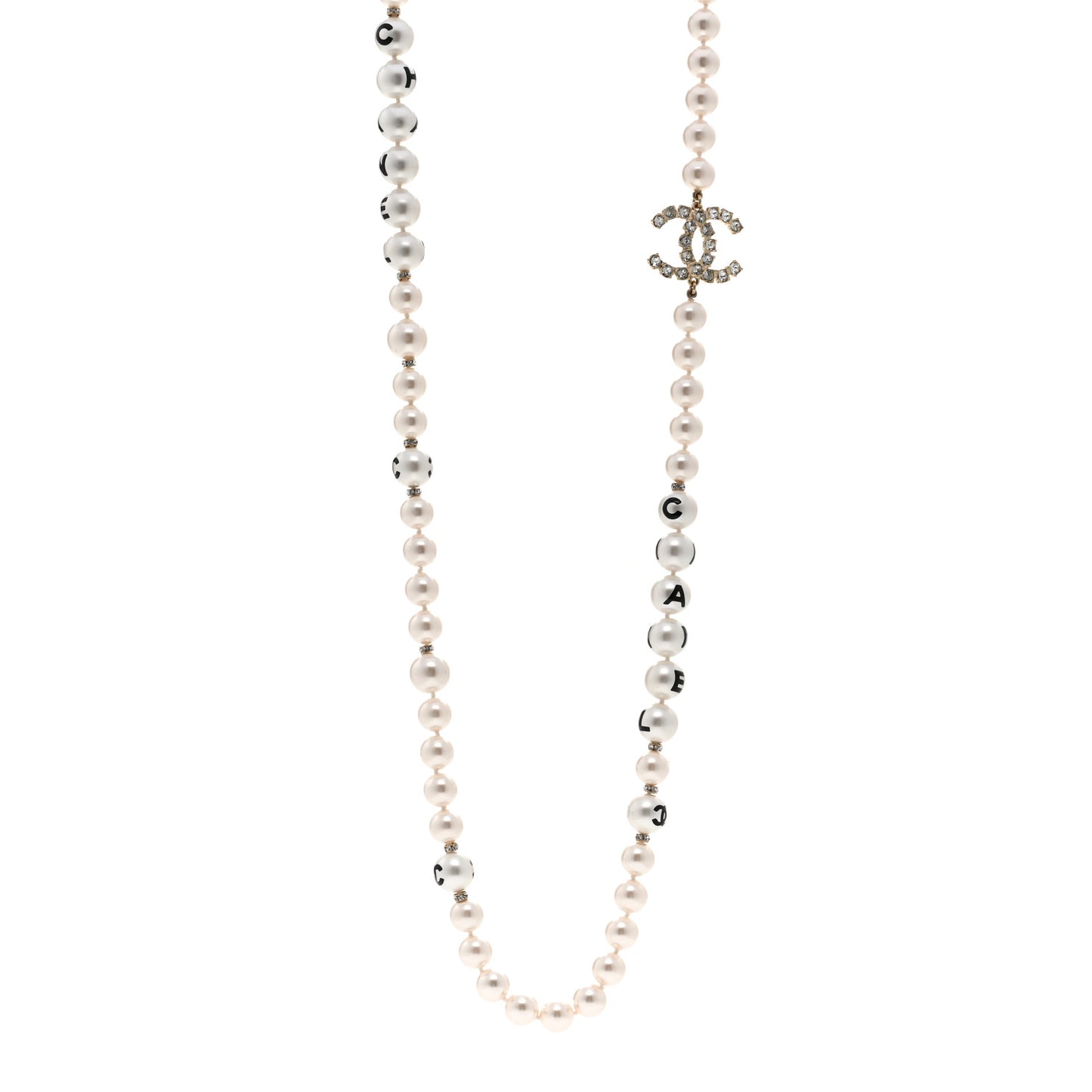 Pearl Crystal Long CC Logo Necklace Gold