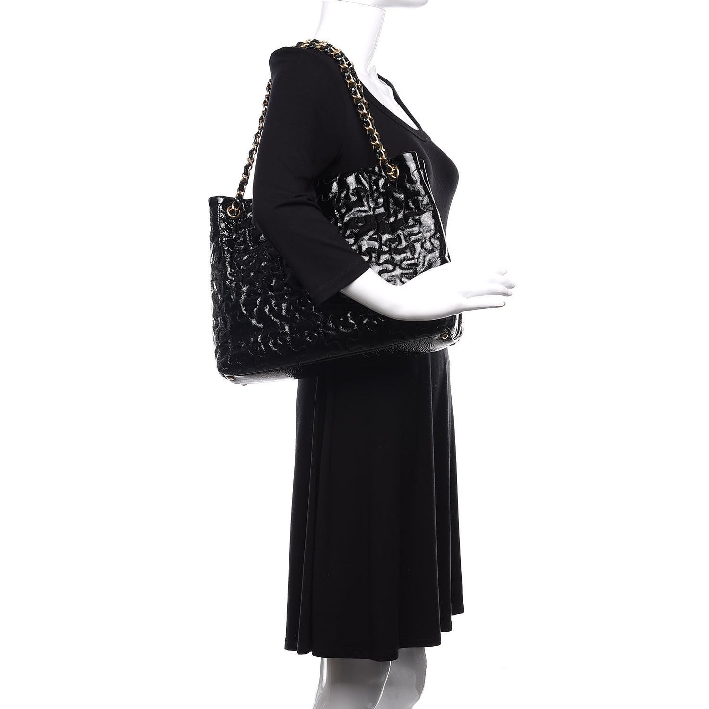 Crackled Patent Puzzle Tote Black