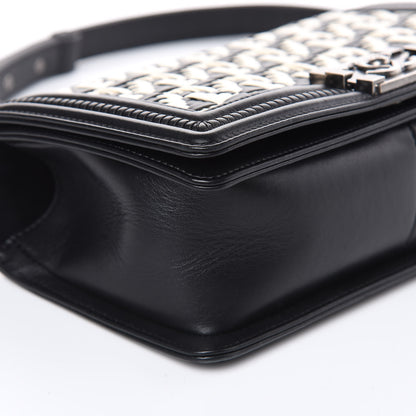 Chanel Calfskin Woven Medium Boy Flap Black White 8 of 11