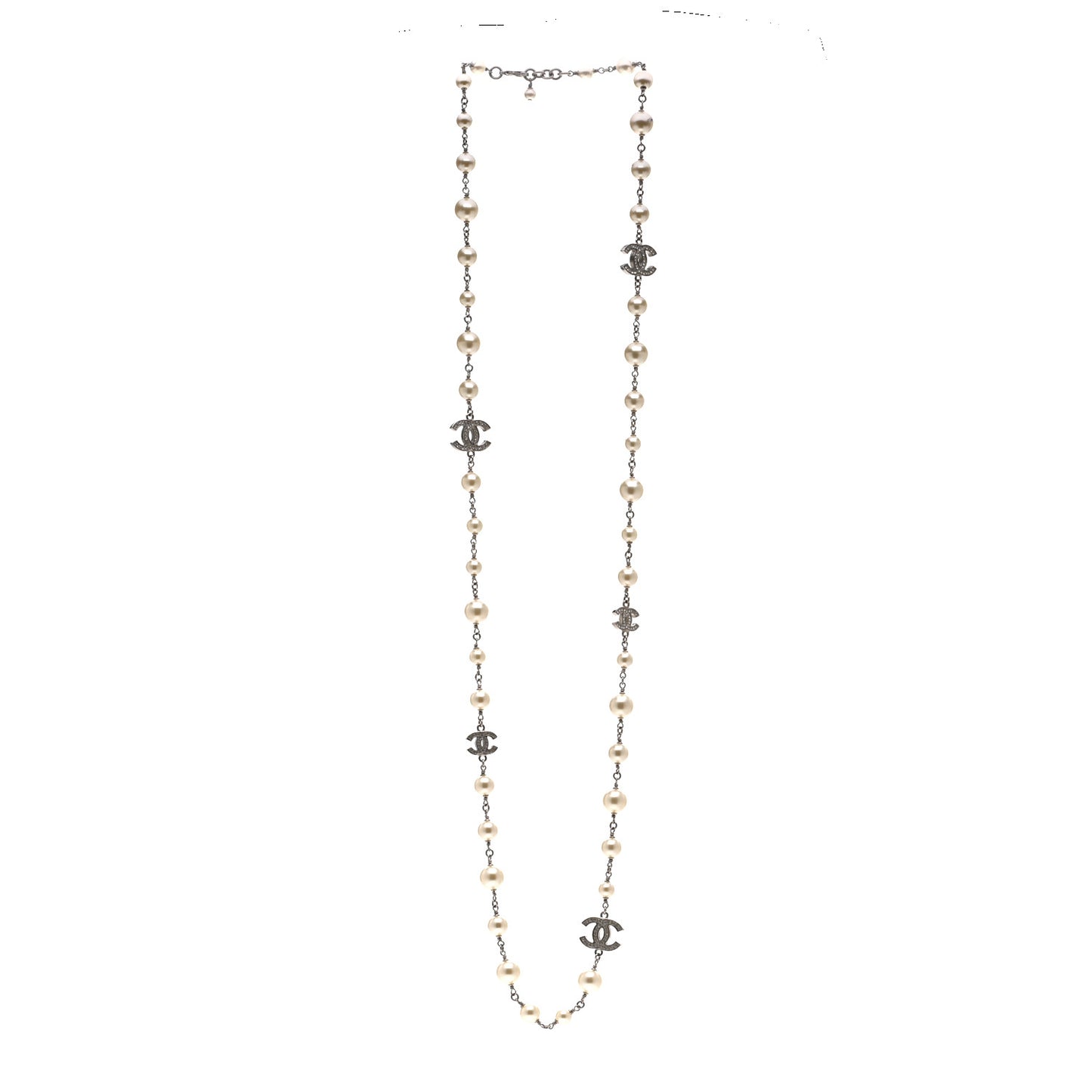 Graduated Pearl Crystal CC Long Necklace Silver