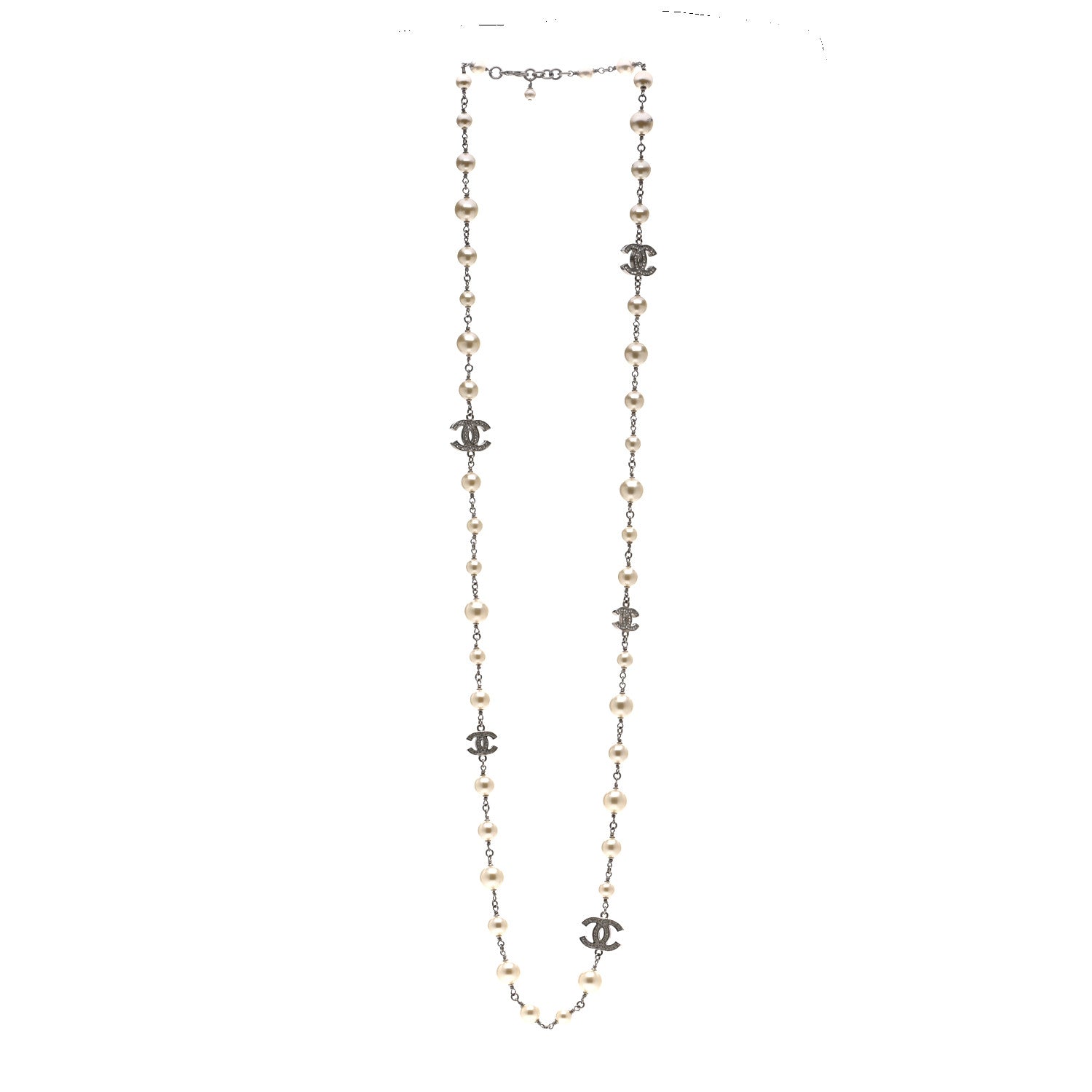 Chanel Graduated Pearl Crystal CC Long Necklace Silver 3 of 6