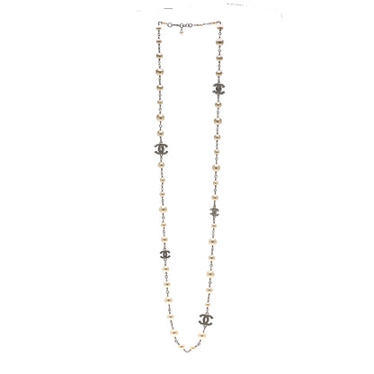 Chanel Graduated Pearl Crystal CC Long Necklace Silver 3 of 6