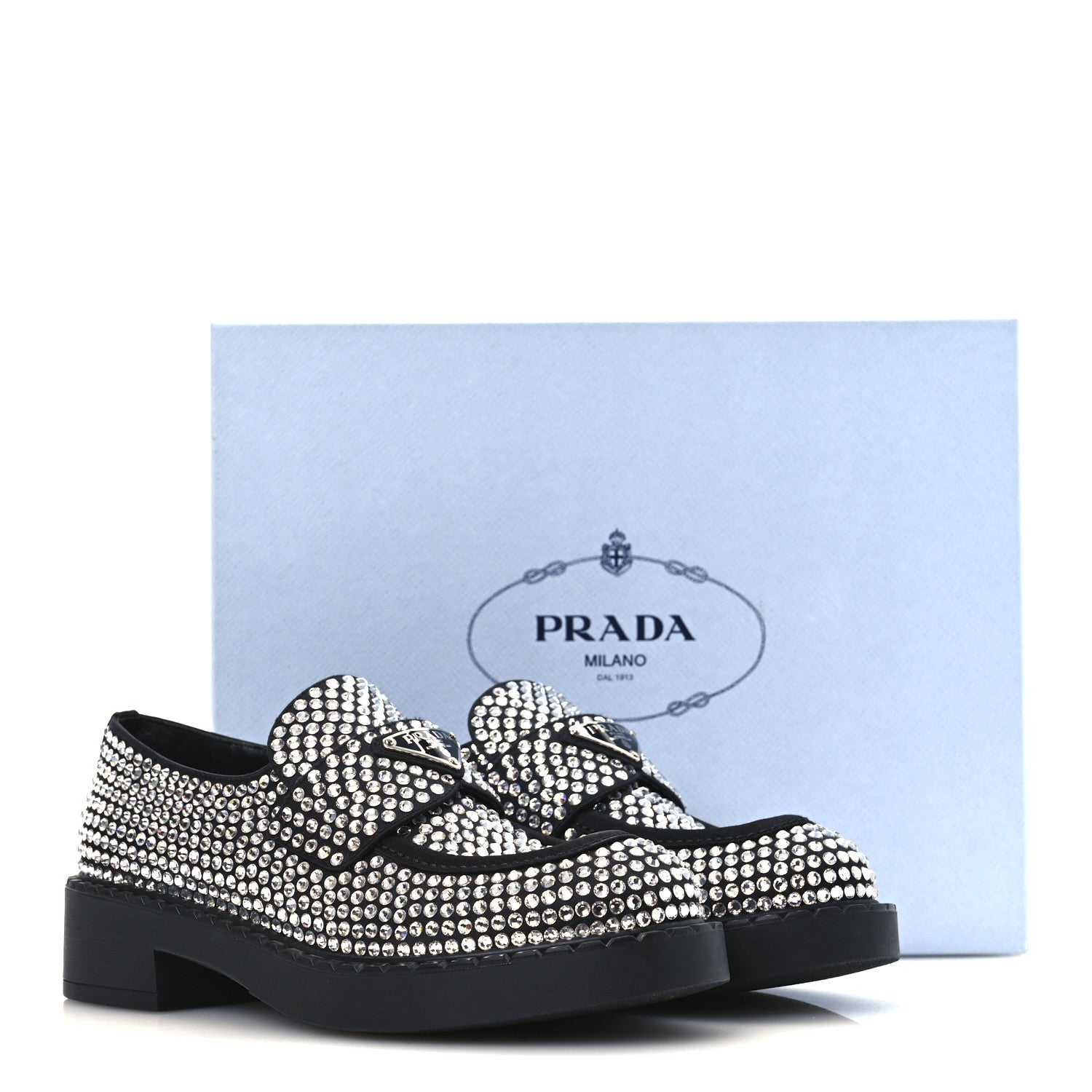 Prada Satin Crystal Metal Triangle Logo 50mm Loafers 37.5 Cristal 11 of 11