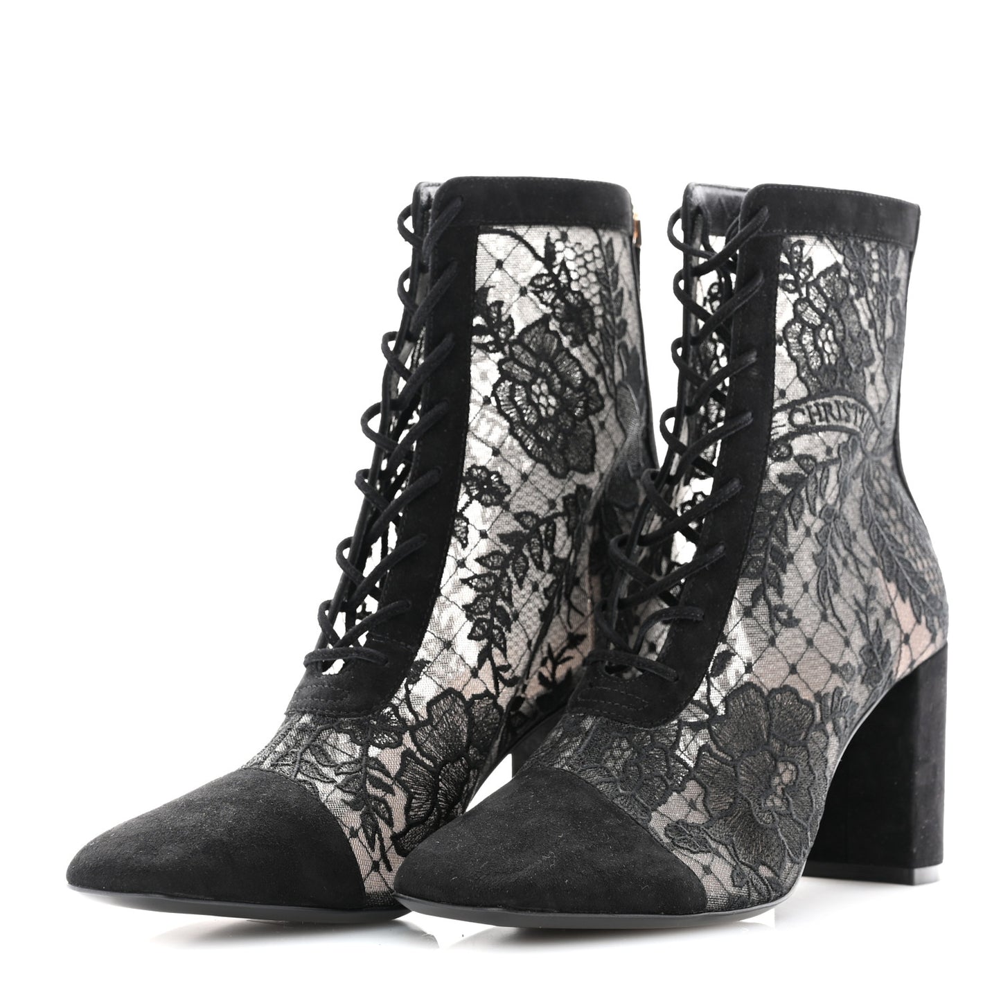 Suede Transparent Mesh Embroidered Roses Naughtily-D Heeled Lace Up Ankle Boots 36.5 Black