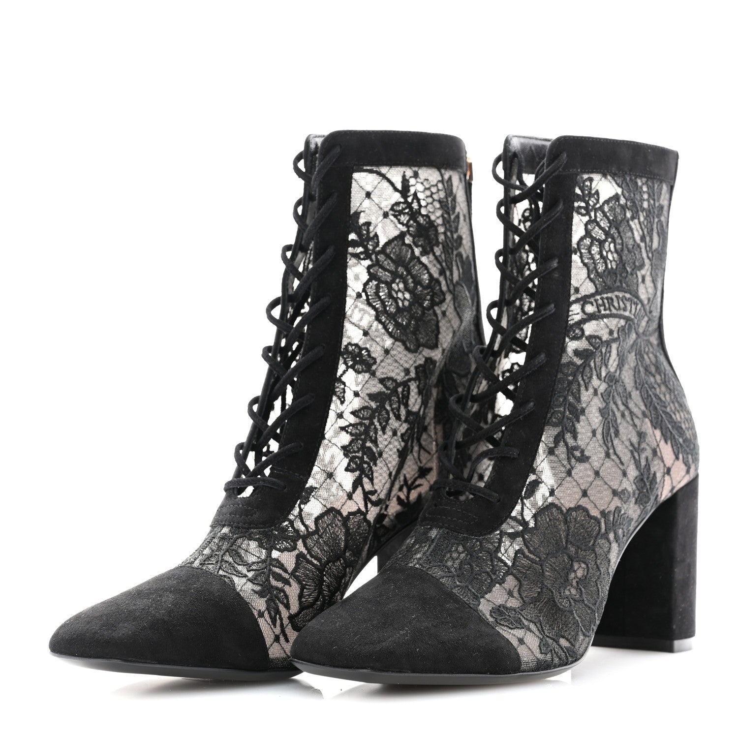 Christian Dior Suede Transparent Mesh Embroidered Roses Naughtily-D Heeled Lace Up Ankle Boots 36.5 Black 3 of 11