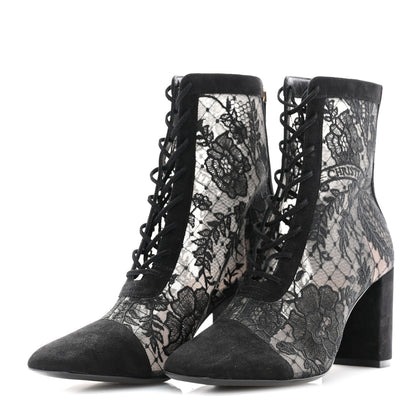 Christian Dior Suede Transparent Mesh Embroidered Roses Naughtily-D Heeled Lace Up Ankle Boots 36.5 Black 3 of 11