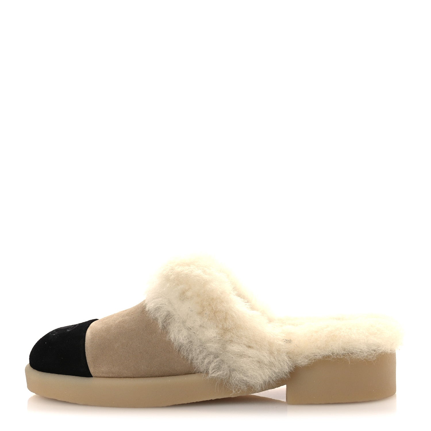 Chanel Suede Shearling CC Cap Toe Mules 39 Beige Black 1 of 10
