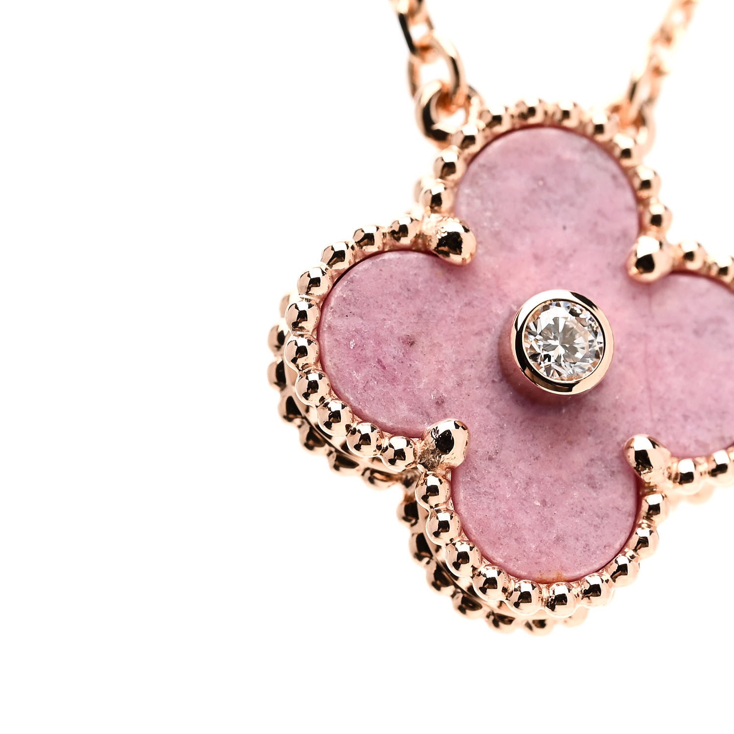 Van Cleef & Arpels 18K Rose Gold Diamond Rhodonite Vintage Alhambra Pendant Necklace 7 of 8