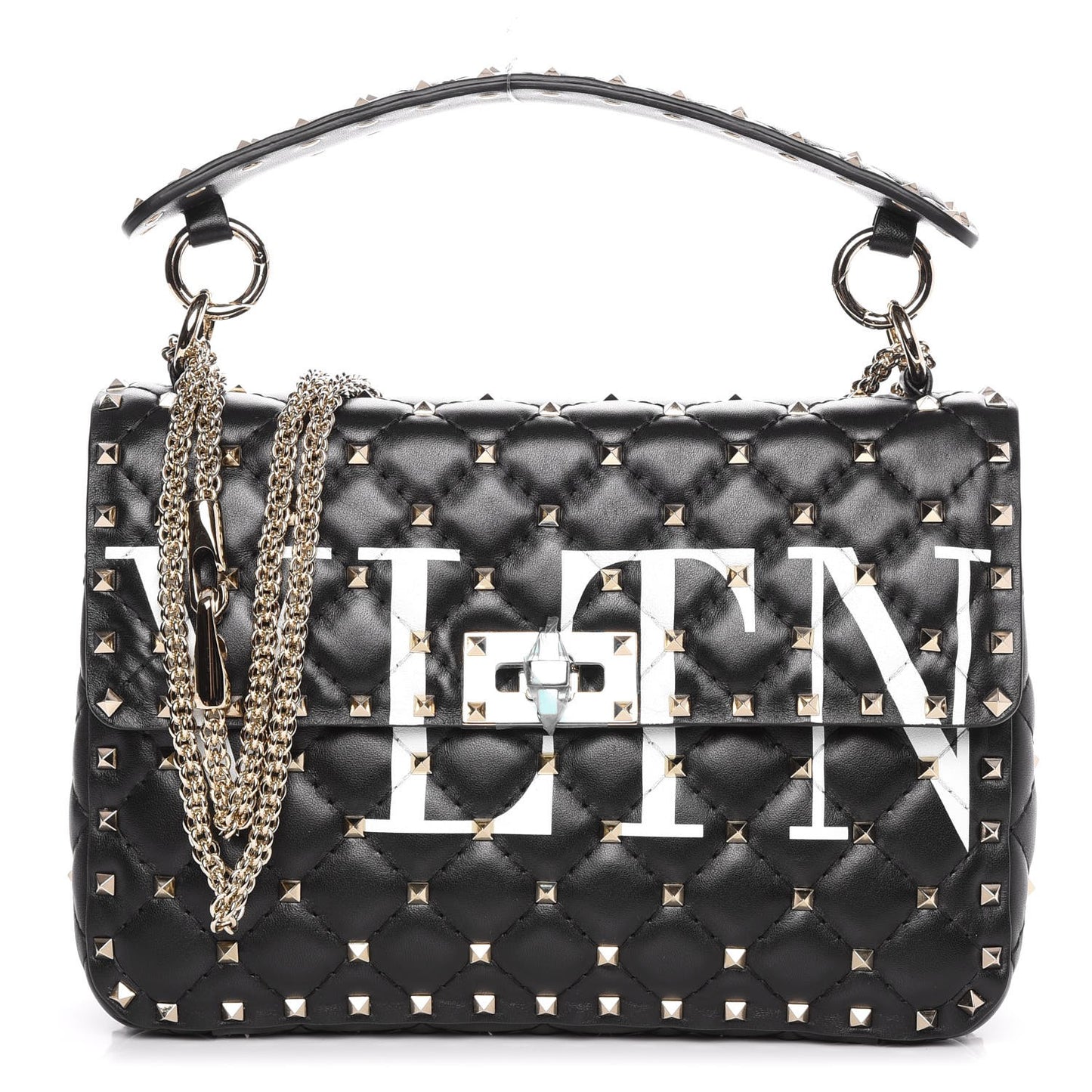 Lambskin VLTN Print Medium Rockstud Spike Shoulder Bag Black