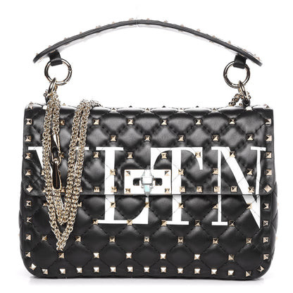 Valentino Garavani Lambskin VLTN Print Medium Rockstud Spike Shoulder Bag Black 1 of 9