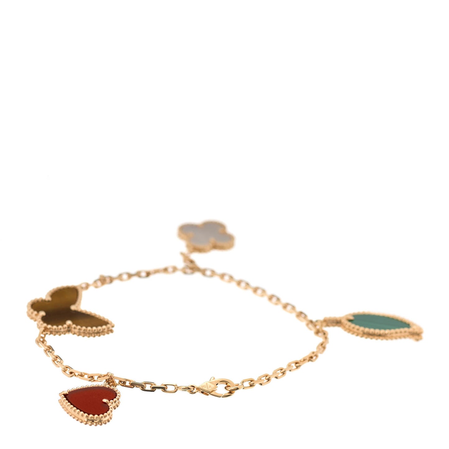 18K Yellow Gold Mother of Pearl Malachite Carnelian Tiger Eye 4 Motifs Lucky Alhambra Bracelet