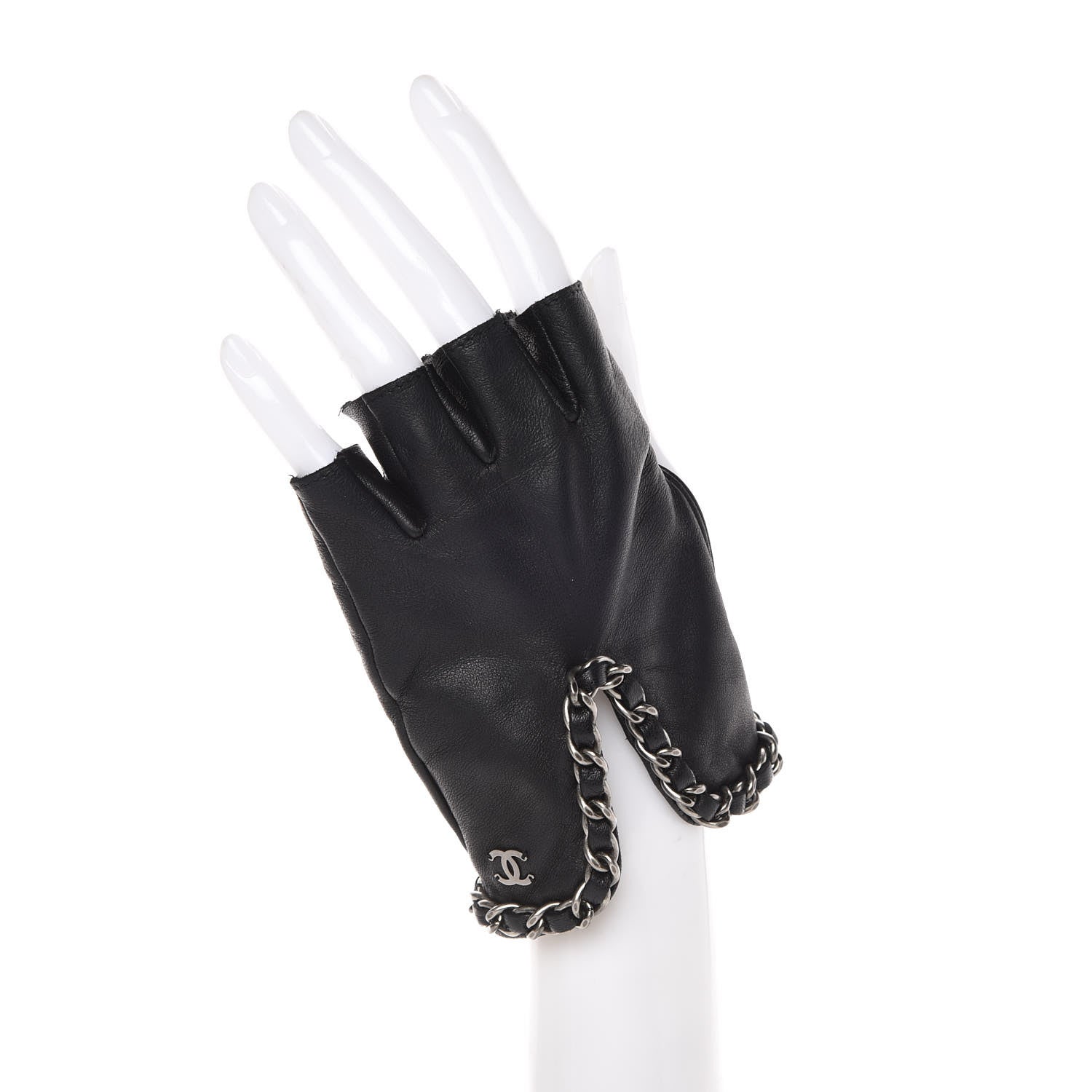 Chanel Lambskin Fingerless Chain CC Gloves 7.5 Black 2 of 7