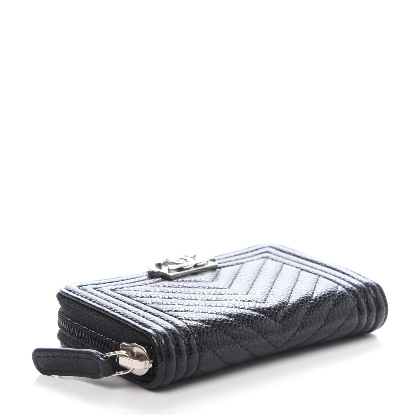 Caviar Chevron Quilted Boy Zip Around Coin Purse Wallet Black