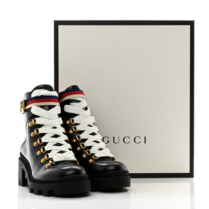Gucci Calfskin Sylvie Web Womens Lace Up Combat Boots 35.5 Black 10 of 10