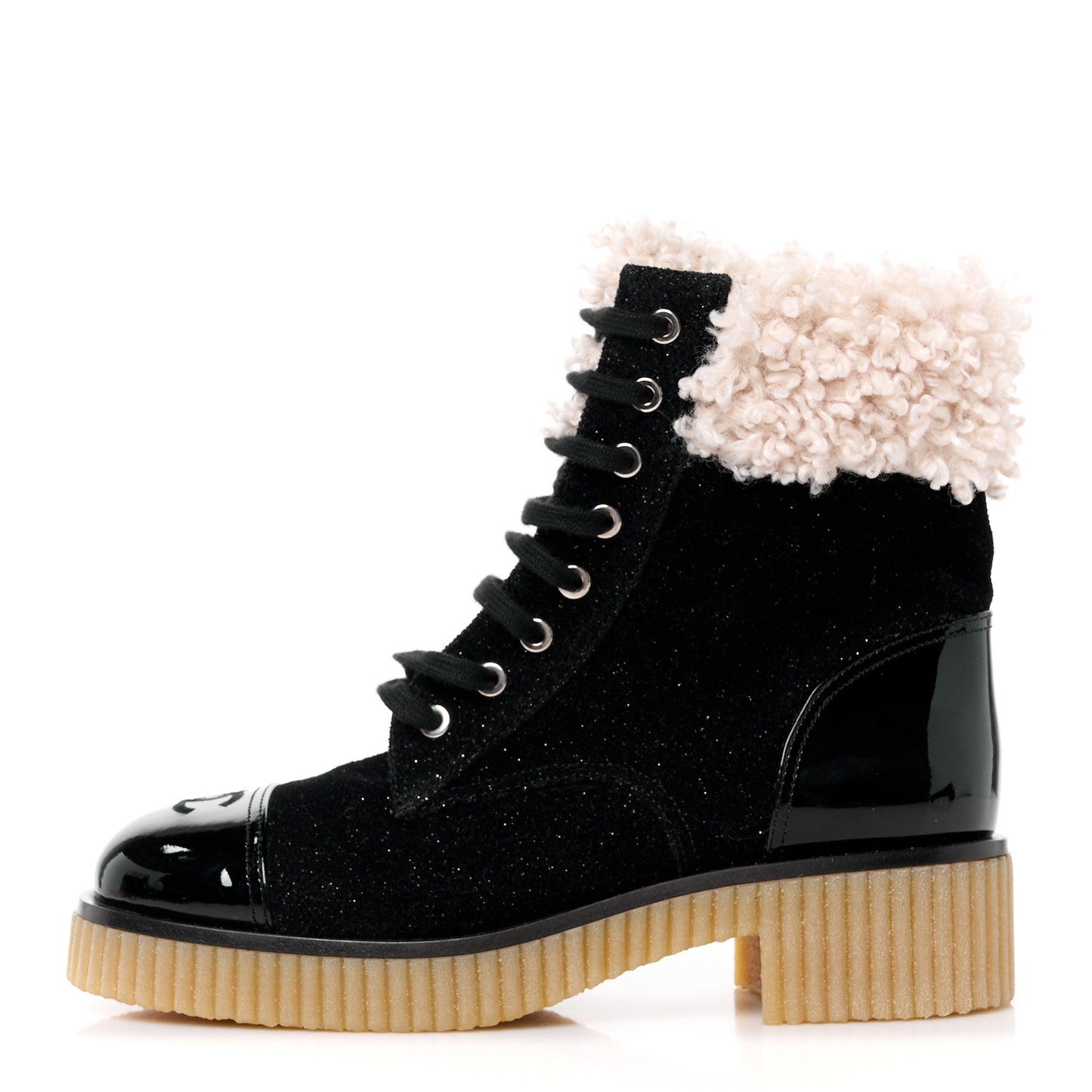 Calfskin Patent Fabric Lace Up Cap Toe CC Boots 39 Black Ivory