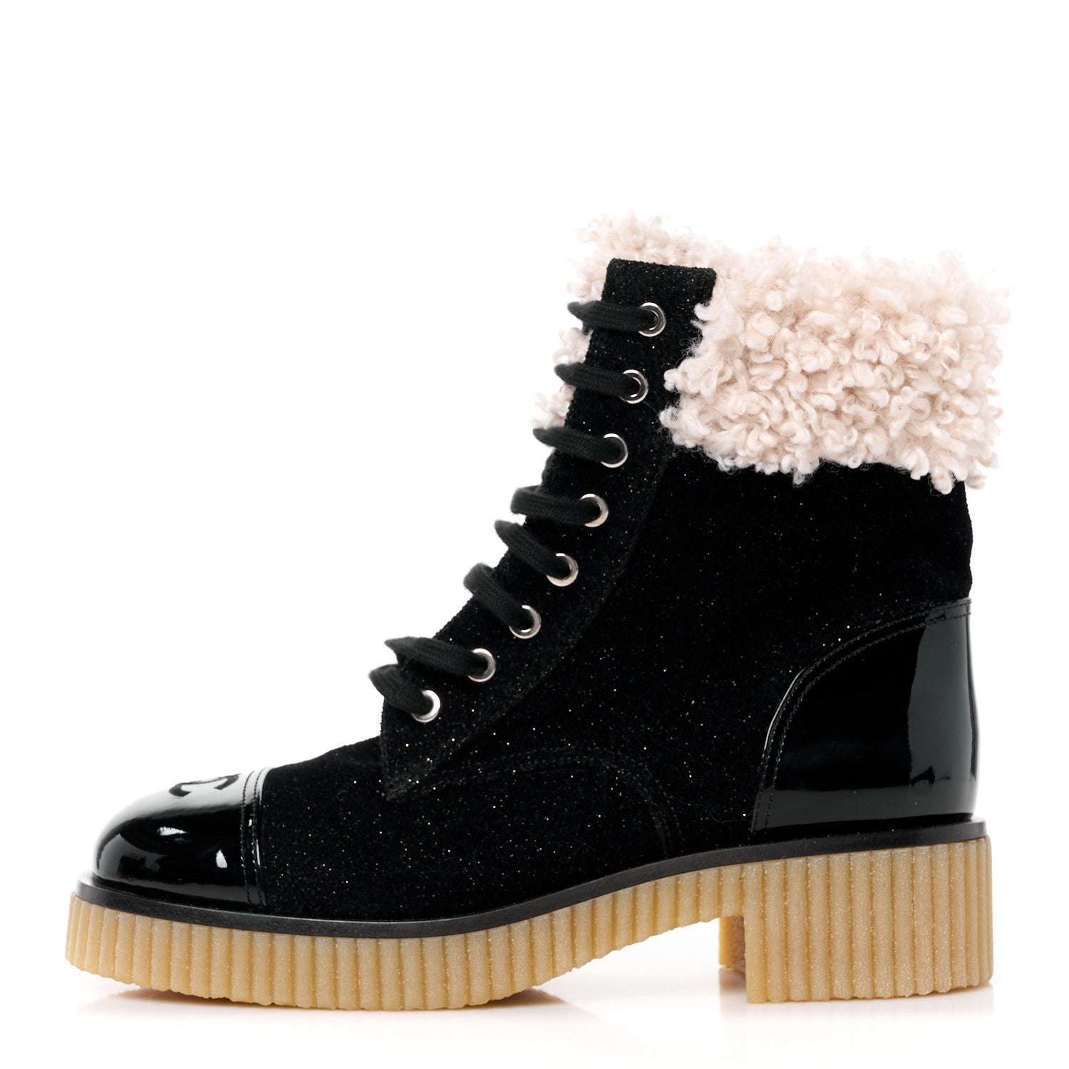 Chanel Calfskin Patent Fabric Lace Up Cap Toe CC Boots 39 Black Ivory 1 of 8