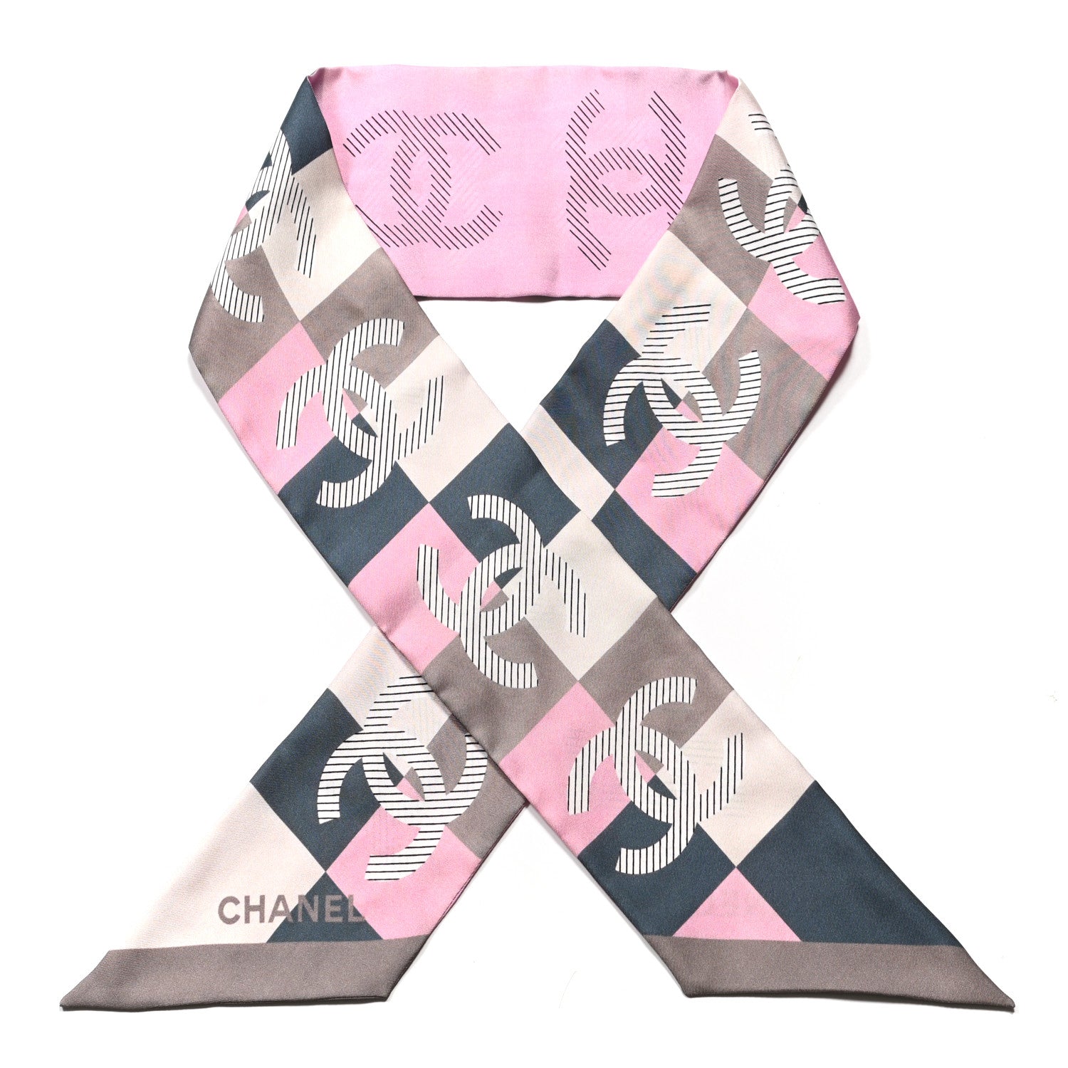 Chanel Silk Logo Bandeau Scarf Pink Black Multicolor 1 of 4
