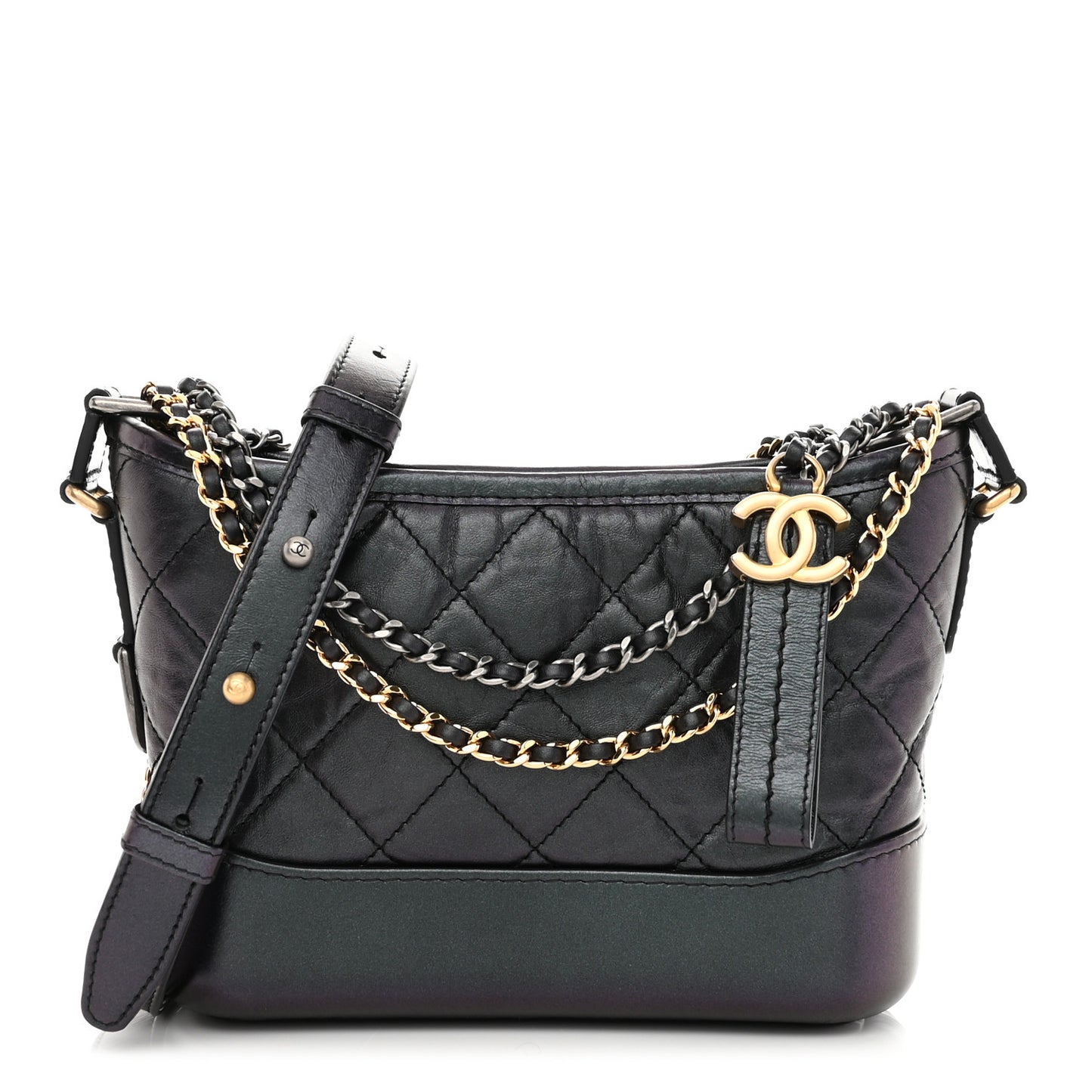 Iridescent Aged Calfskin Quilted Small Gabrielle Hobo Black