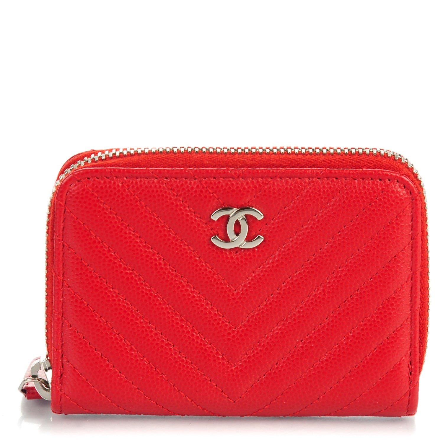 Chanel Caviar Chevron Quilted Zip Around Coin Purse Red 1 of 7