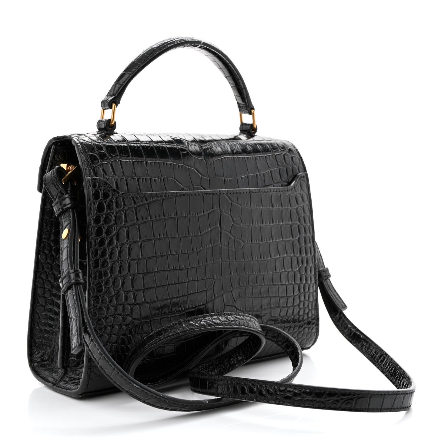 Calfskin Crocodile Embossed Mini Classic Monogram Cassandra Top Handle Black
