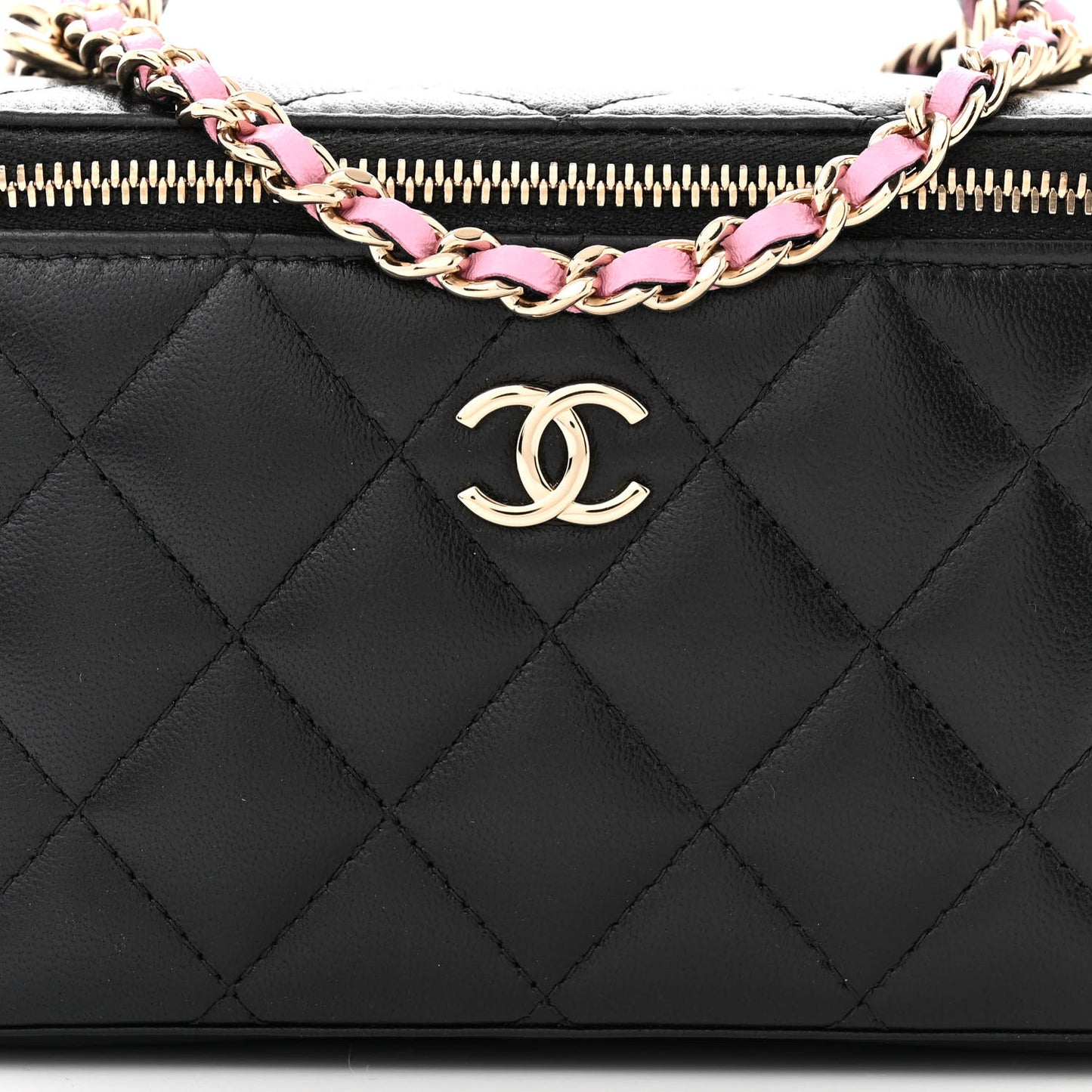 Lambskin Quilted Small Top Handle Vanity Case With Chain Black Lilac