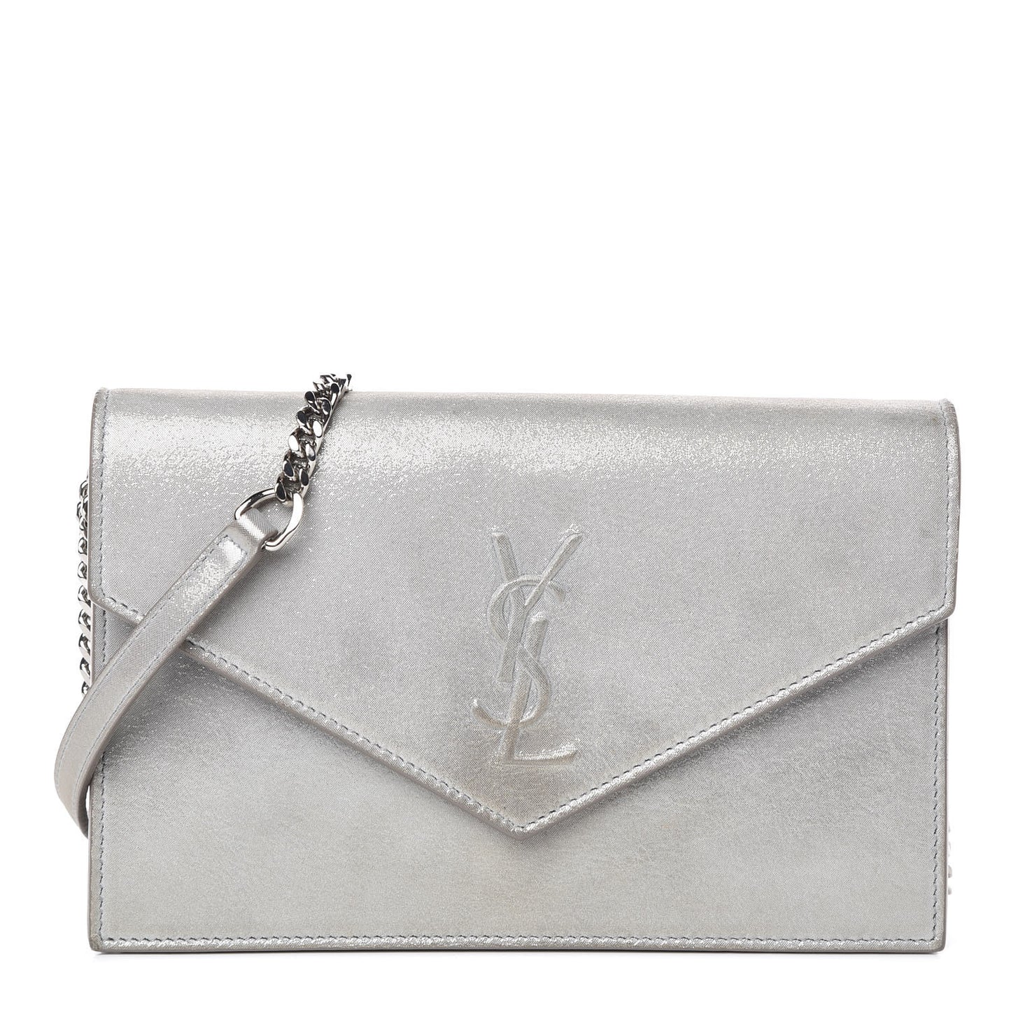 Metallic Fabric Monogram Envelope Chain Wallet Silver