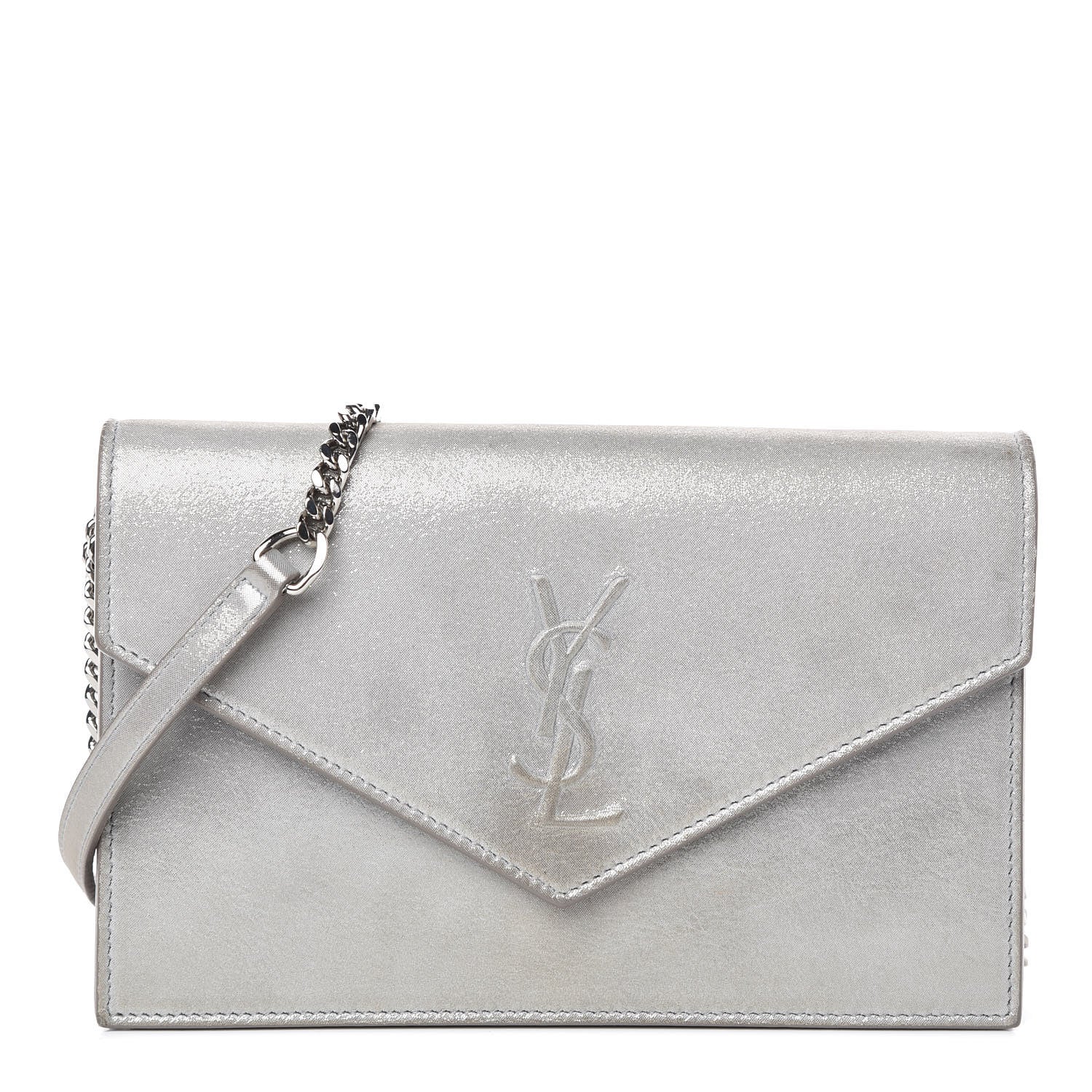 Saint Laurent Metallic Fabric Monogram Envelope Chain Wallet Silver 1 of 13