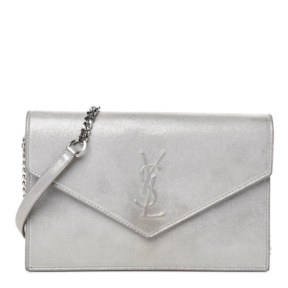 Saint Laurent Metallic Fabric Monogram Envelope Chain Wallet Silver 1 of 13