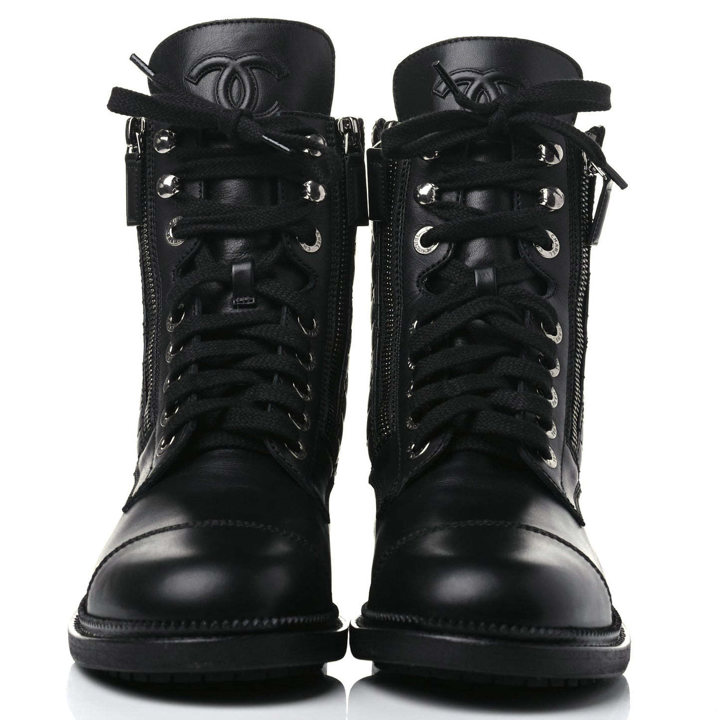 Calfskin Quilted Lace Up Combat Boots 38 Black