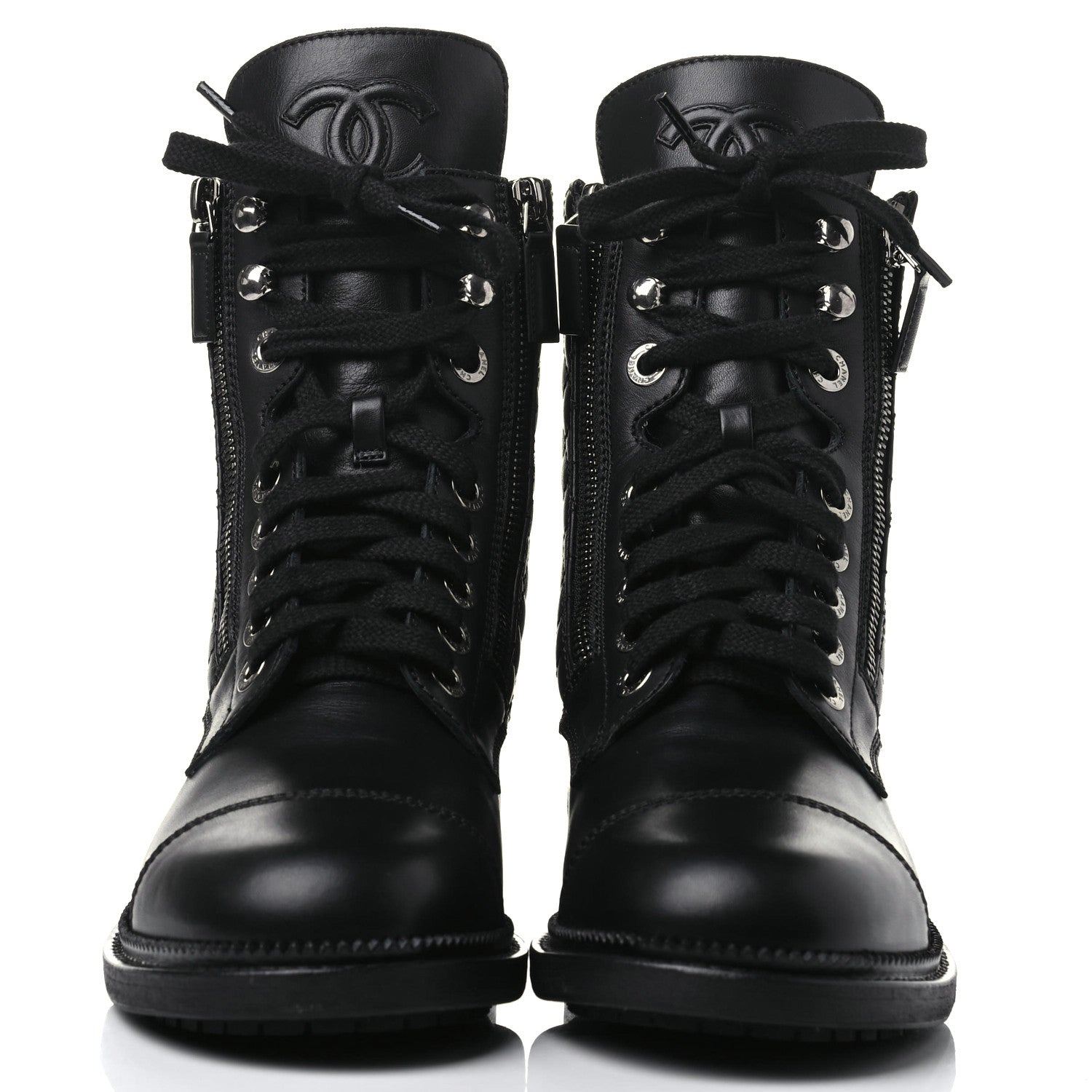 Chanel Calfskin Quilted Lace Up Combat Boots 38 Black 2 of 8