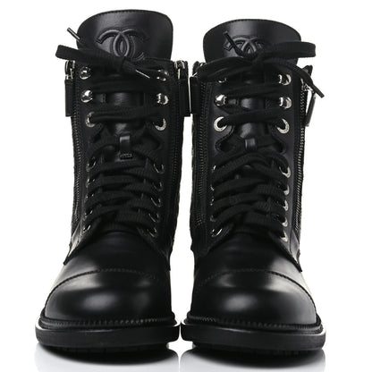 Chanel Calfskin Quilted Lace Up Combat Boots 38 Black 2 of 8