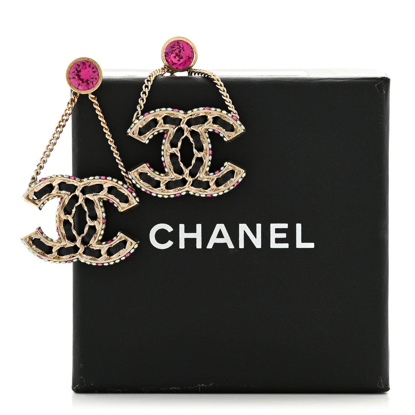 Metal Lambskin Crystal CC Chain Drop Earrings Black Gold Pink Multicolor