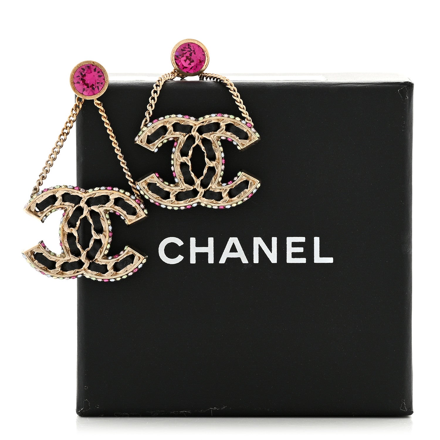 Chanel Metal Lambskin Crystal CC Chain Drop Earrings Black Gold Pink Multicolor 5 of 5
