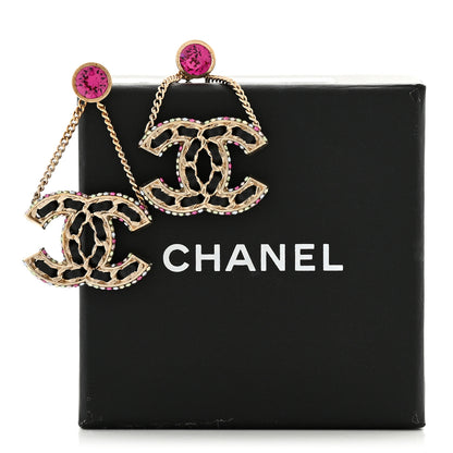 Chanel Metal Lambskin Crystal CC Chain Drop Earrings Black Gold Pink Multicolor 5 of 5