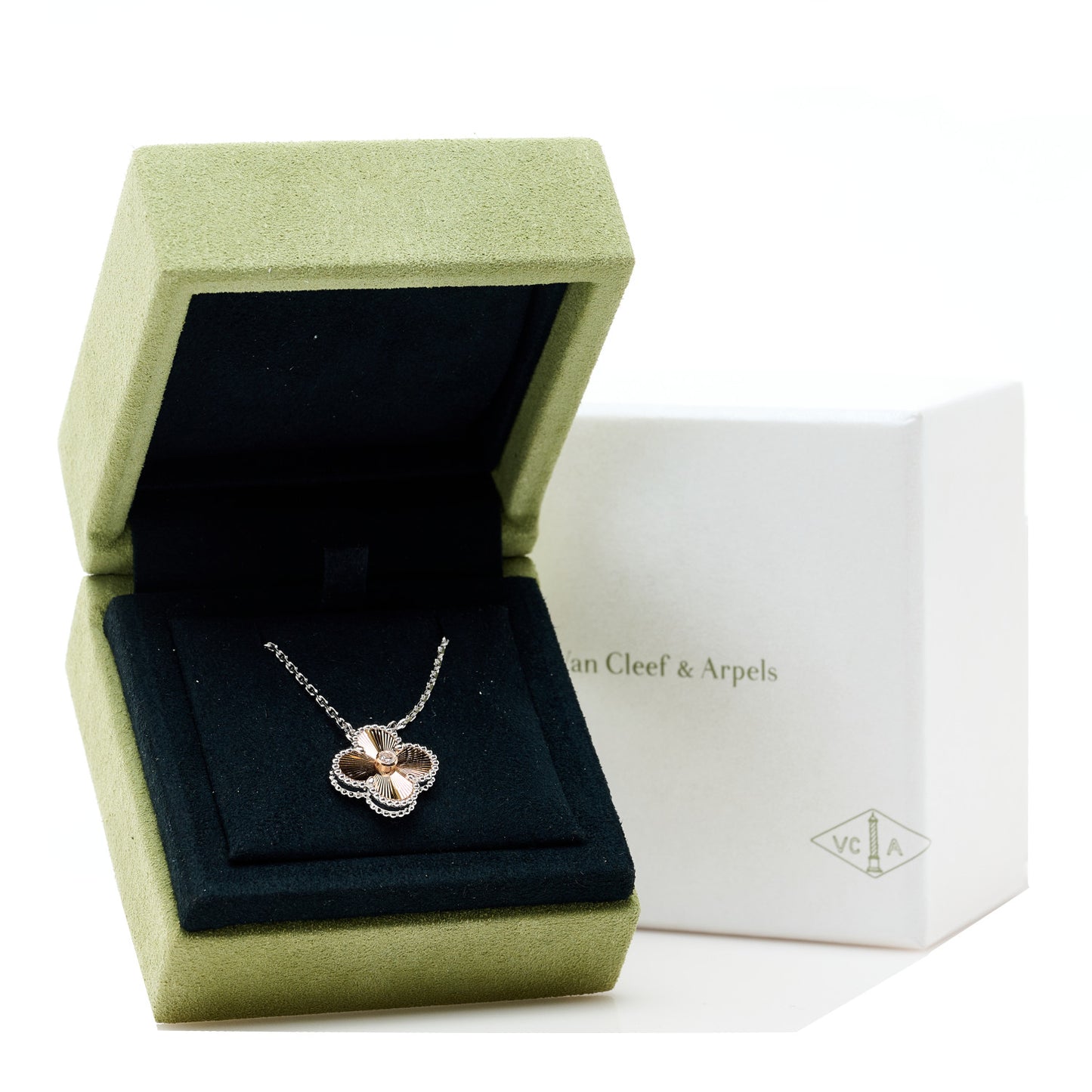 18K White Rose Gold Diamond Guilloche Vintage Alhambra Pendant Necklace