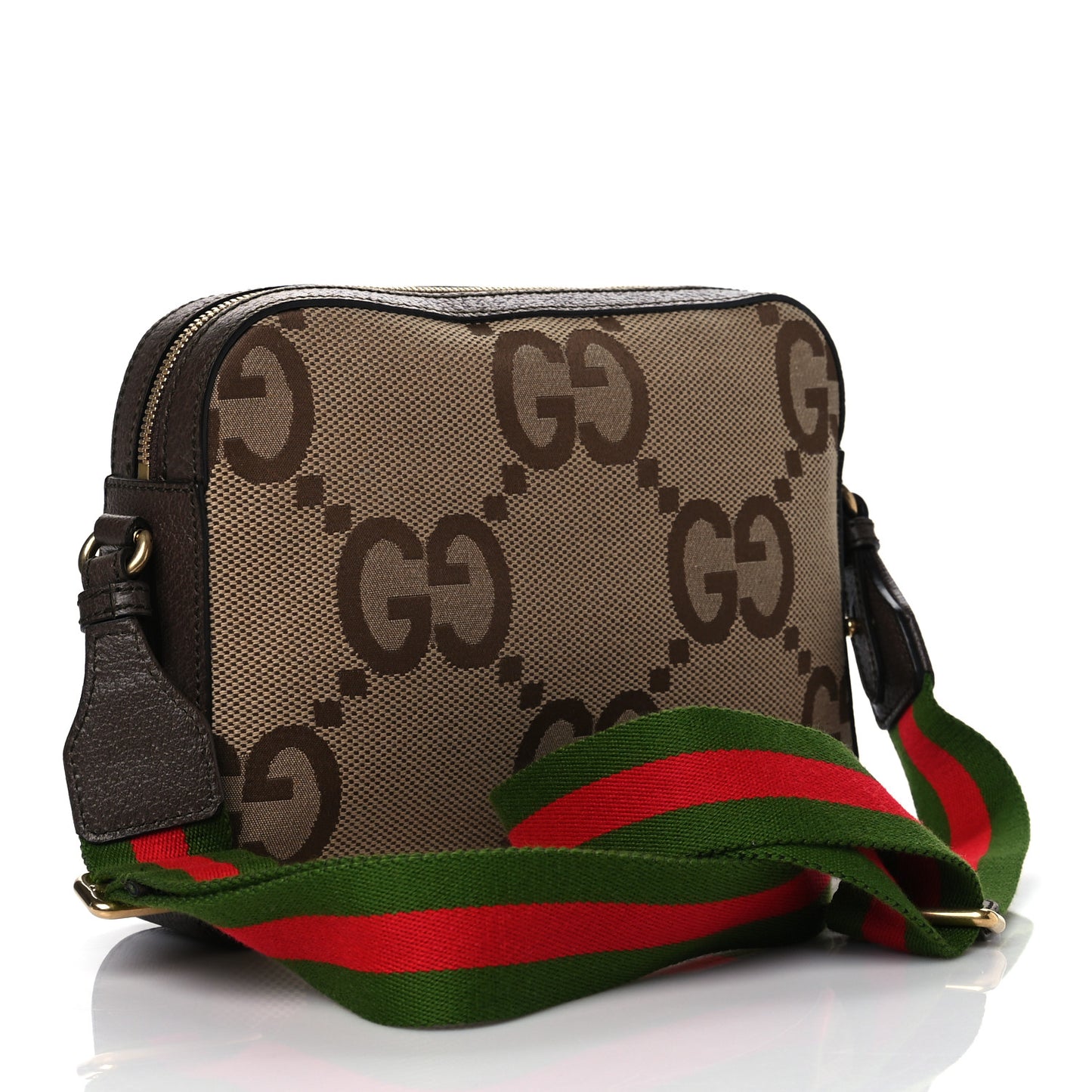 Monogram Jumbo GG Textured Dollar Calfskin Web Messenger Shoulder Bag Camel Ebony New Acero