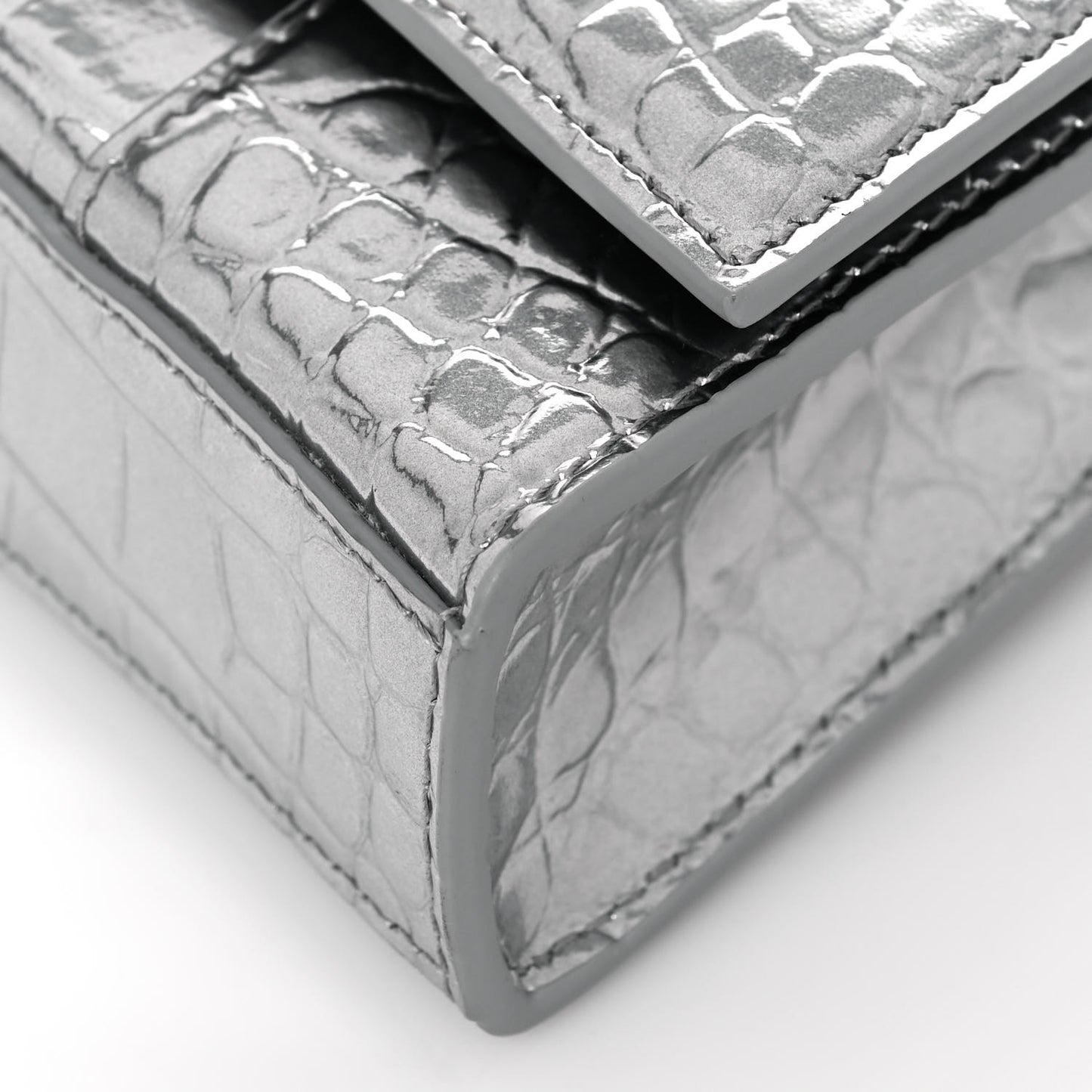 Metallic Calfskin Crocodile Embossed Hourglass Chain Bag Silver