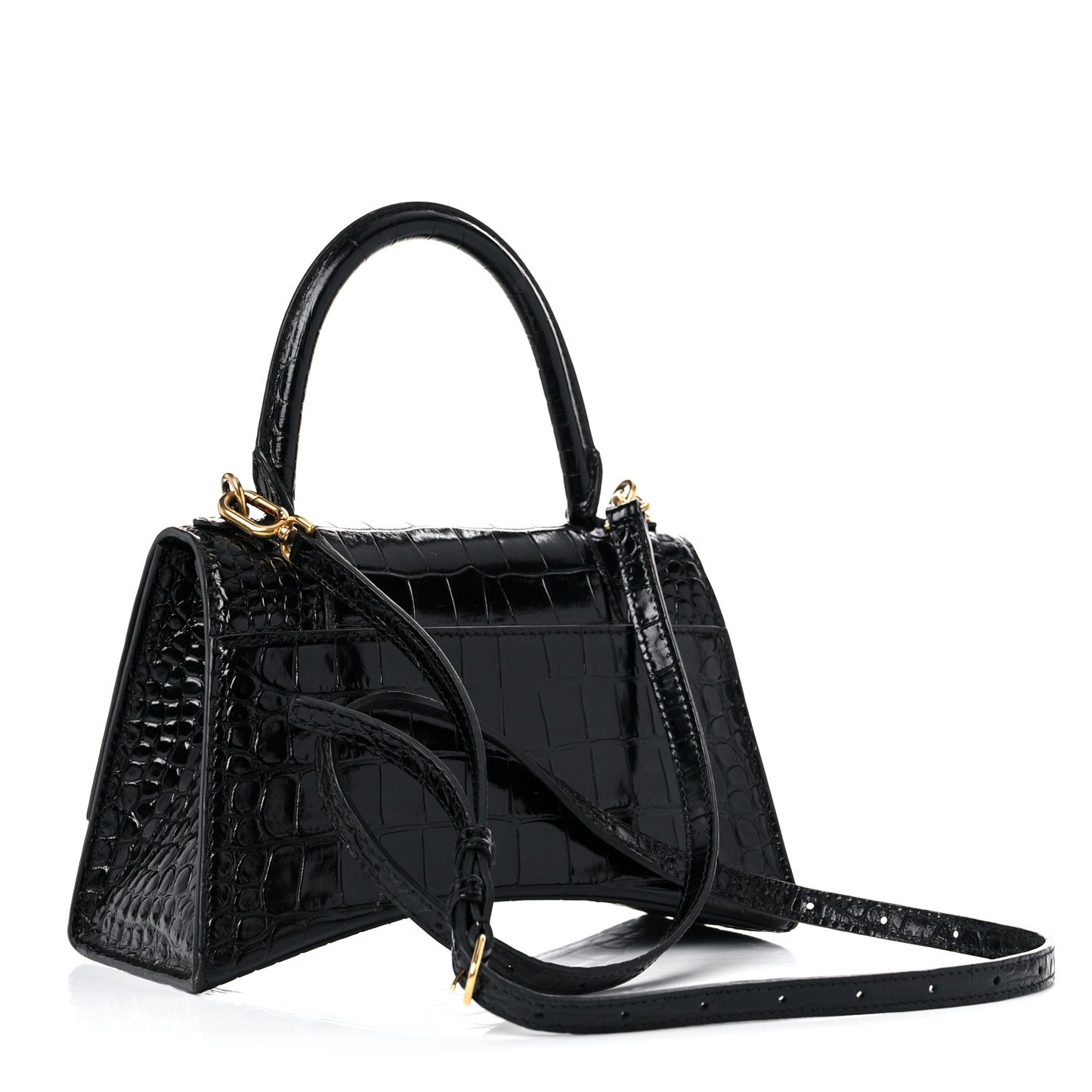 Shiny Calfskin Crocodile Embossed Small Hourglass Top Handle Bag Black