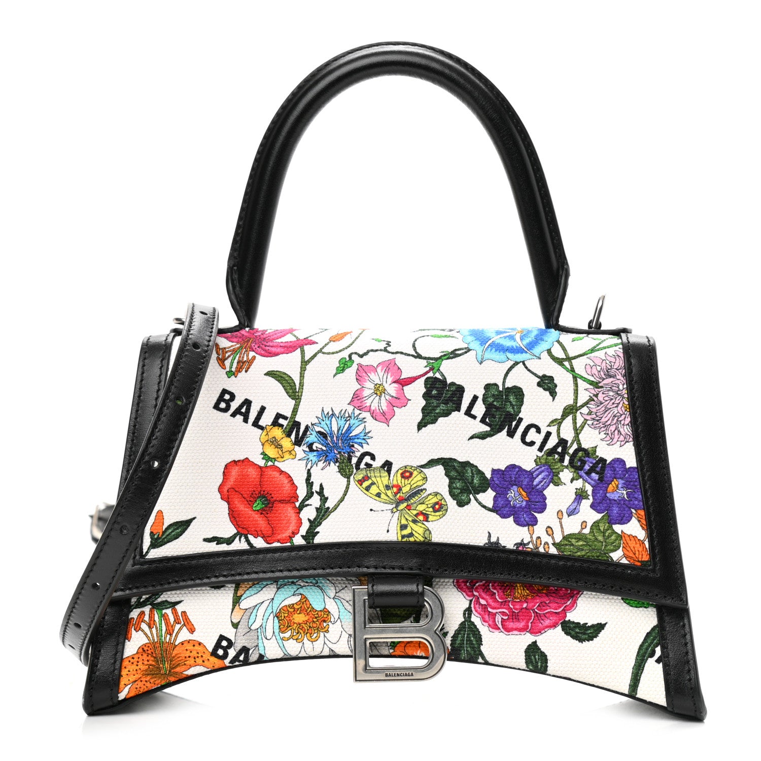 Balenciaga X GUCCI Canvas Boarded Plutone Calfskin Flora Logo Print Small Hourglass Top Handle Bag White Multicolor Black 1 of 9