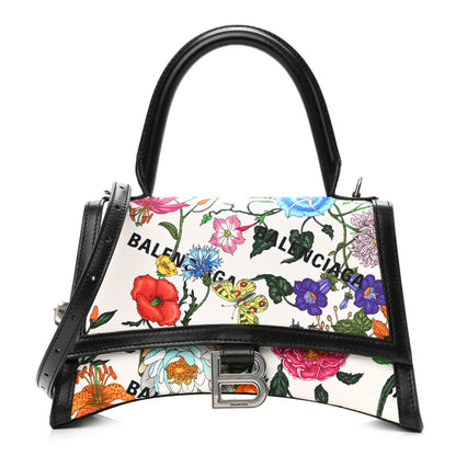 Balenciaga X GUCCI Canvas Boarded Plutone Calfskin Flora Logo Print Small Hourglass Top Handle Bag White Multicolor Black 1 of 9