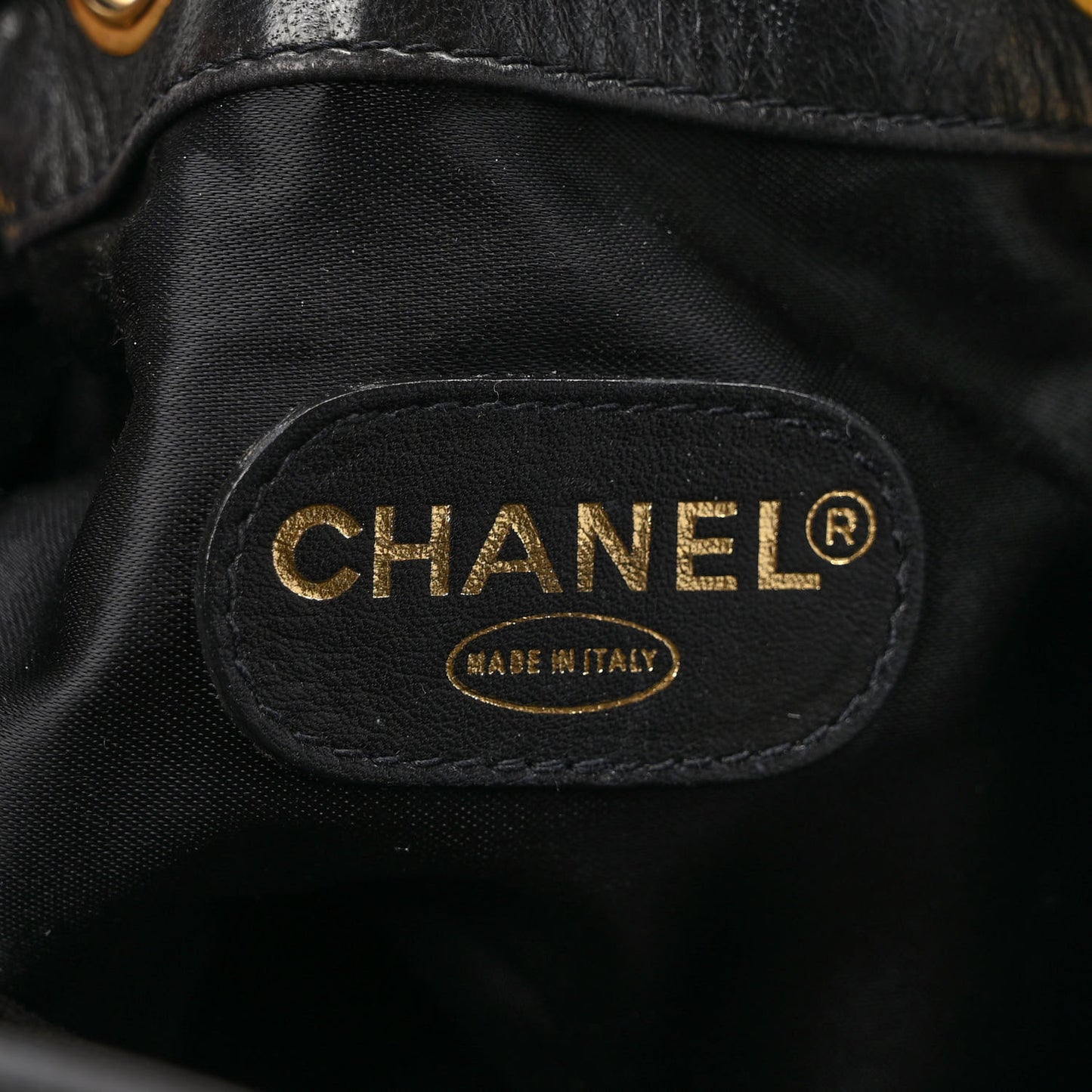 Lambskin CC Stitched Drawstring Bucket Bag Dark Brown