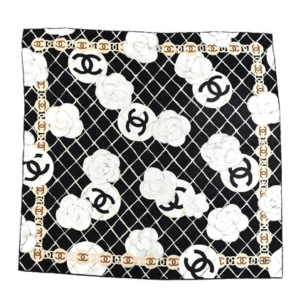 Chanel Silk CC Logo Camellia Scarf White Black 1 of 3